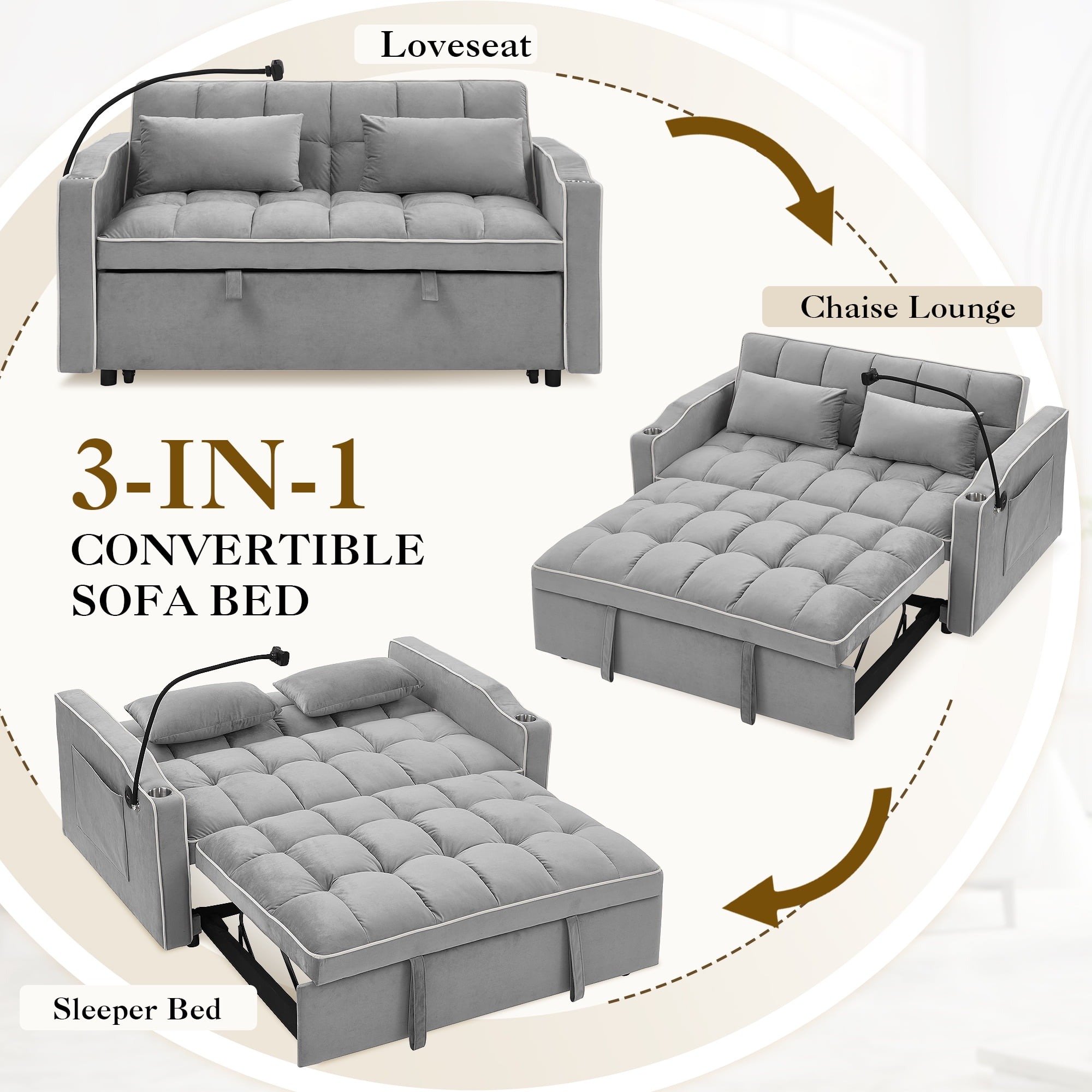 Sofá Cama Convertible 3 en 1, Loveseat Cama Nido con Soporte para Teléfono
