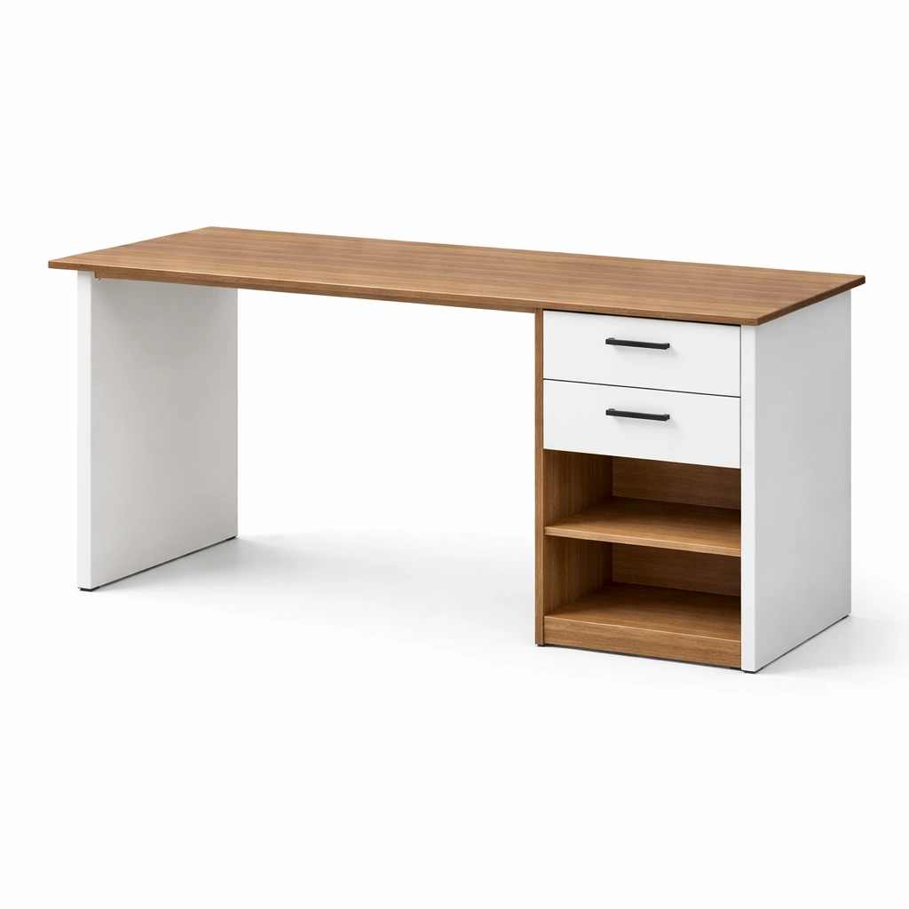 Escritorio de MDF con Cajones y Estantes Blanco y Natural-Roomnora