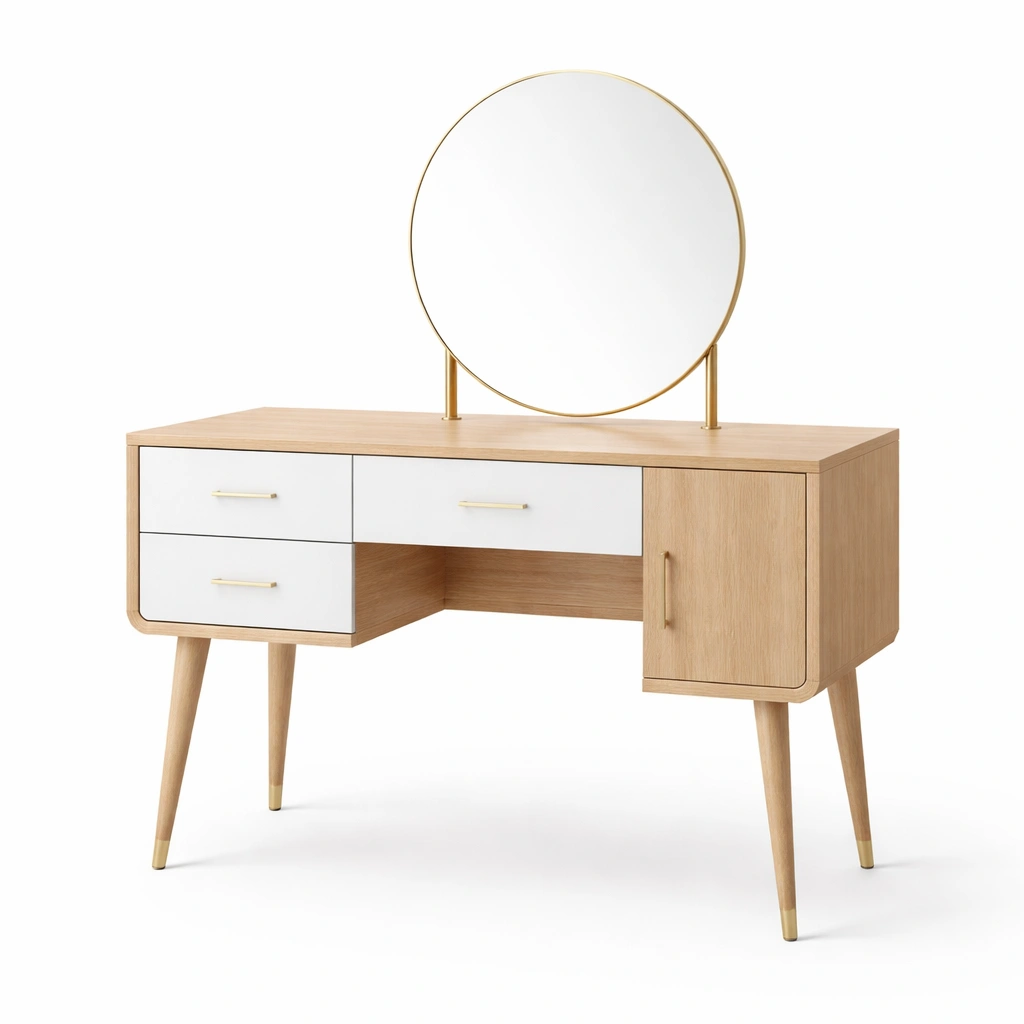 Tocador de roble y mdf con espejo redondo y cajones-Roomnora