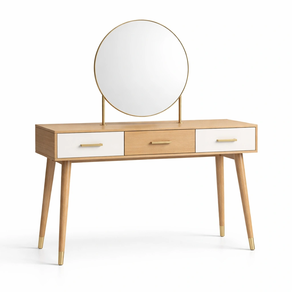 Tocador de madera con espejo redondo y cajones-Roomnora