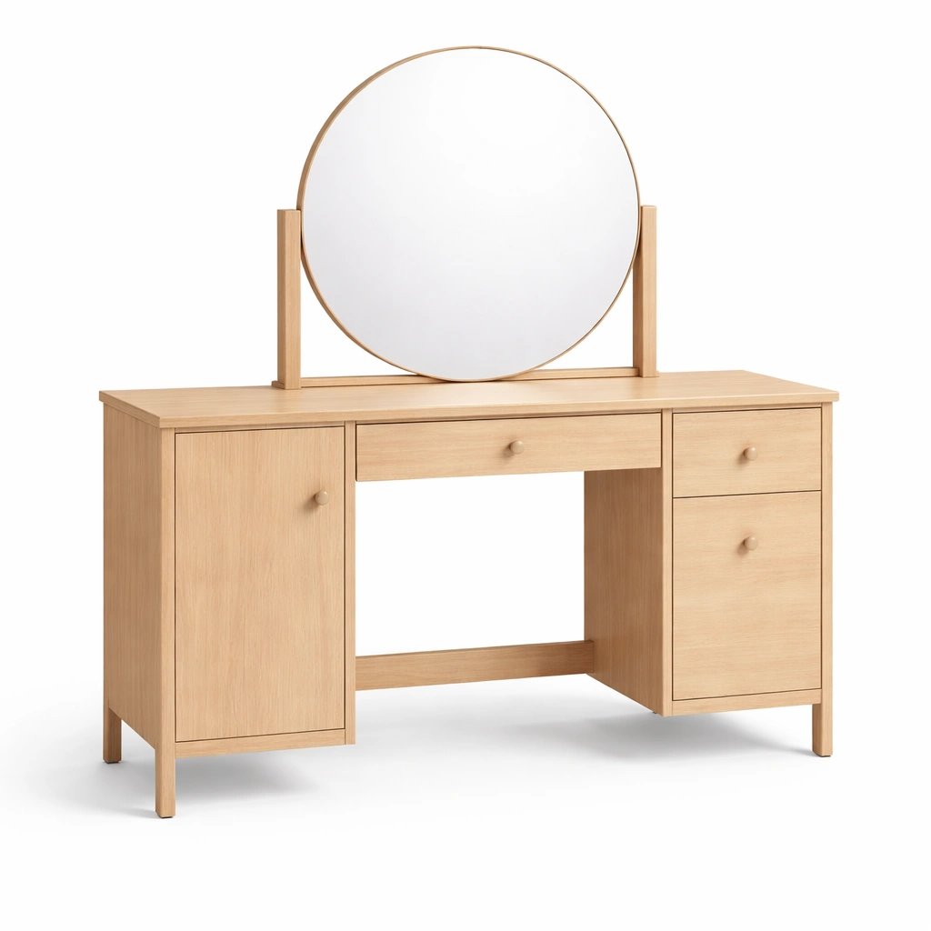 Tocador de madera con espejo redondo natural-Roomnora
