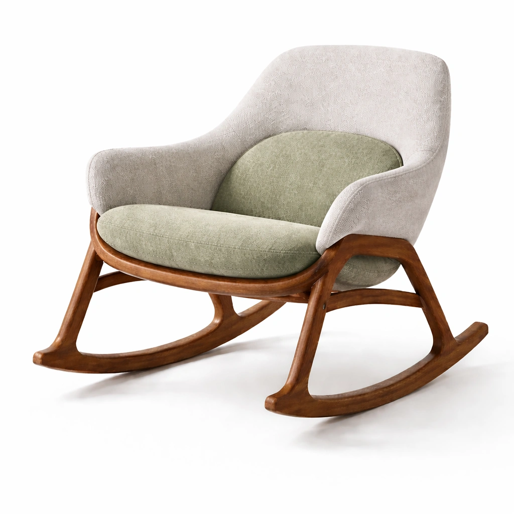 Silla mecedora de madera y tela de poliester beige y verde-Roomnora