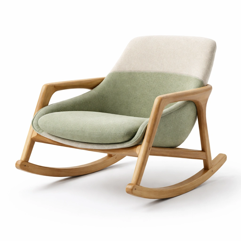 Silla mecedora de madera con tapizado de lino y algodon verde y beige-Roomnora