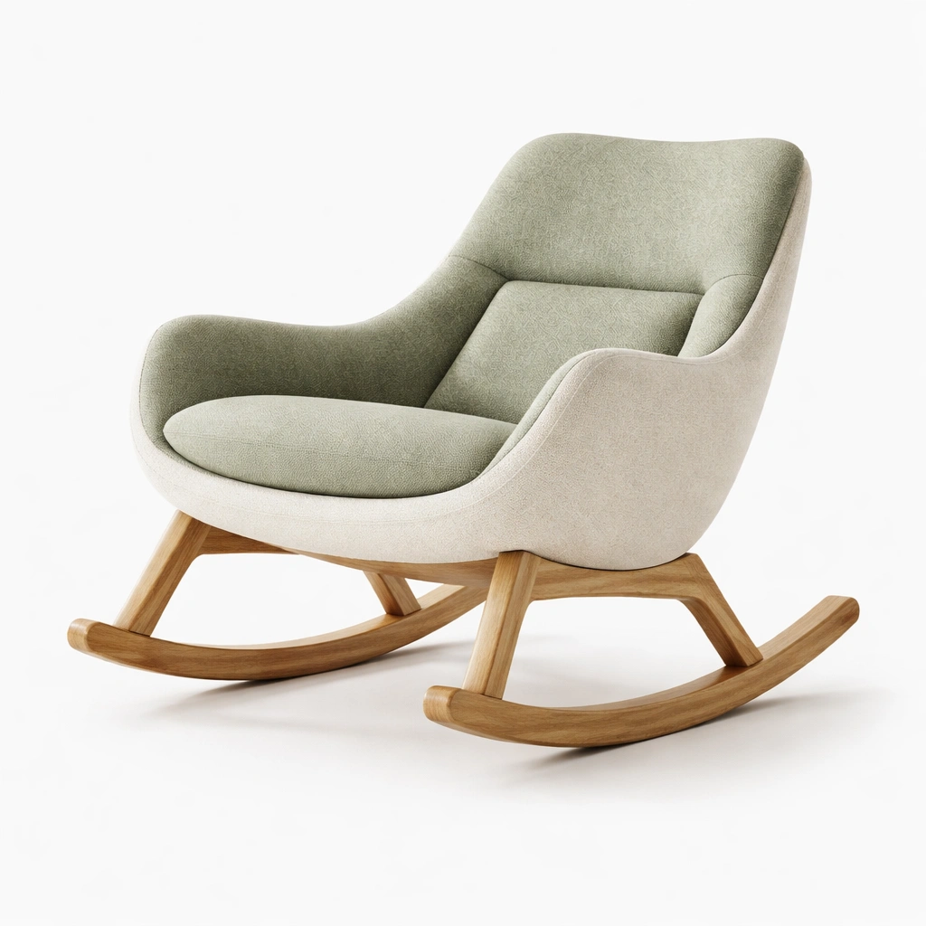 Silla mecedora de madera de roble y tela verde y beige-Roomnora