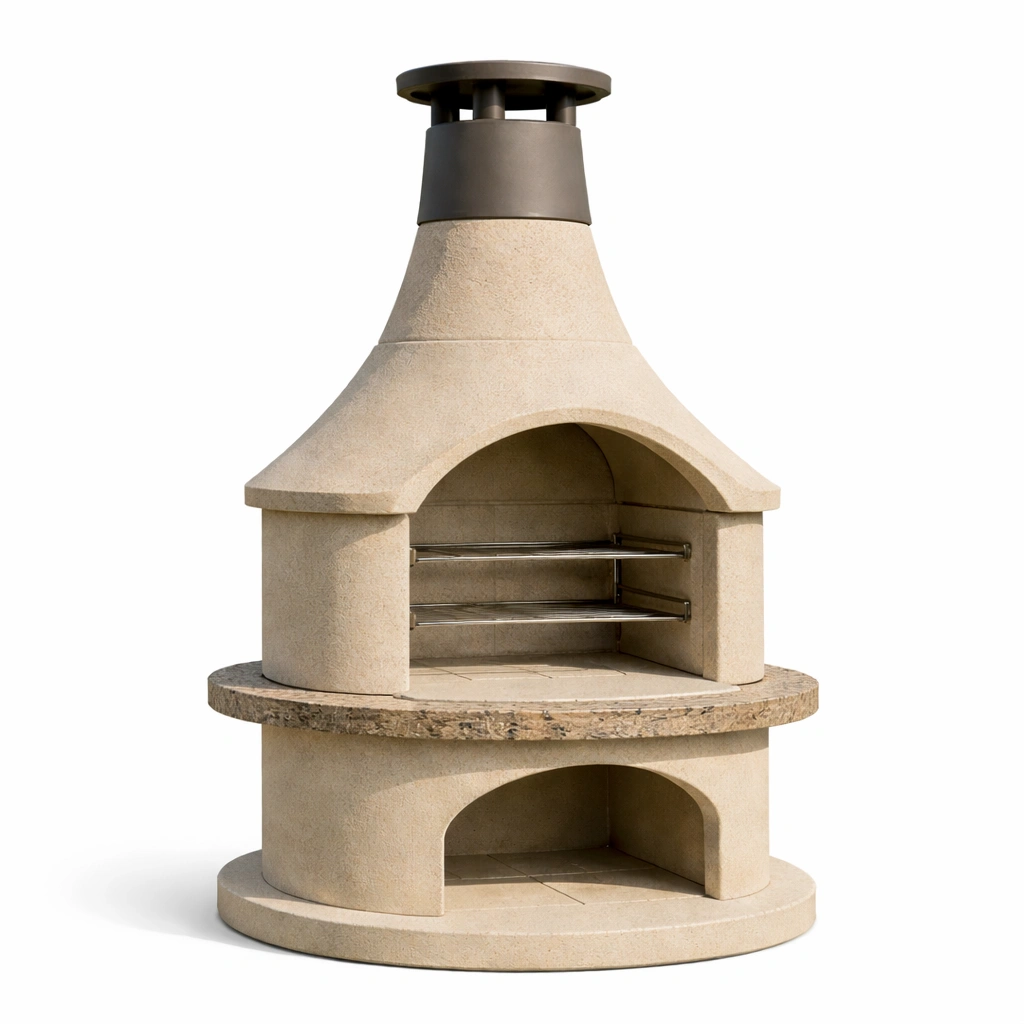 Barbacoa de jardín en hormigón beige con chimenea-Roomnora