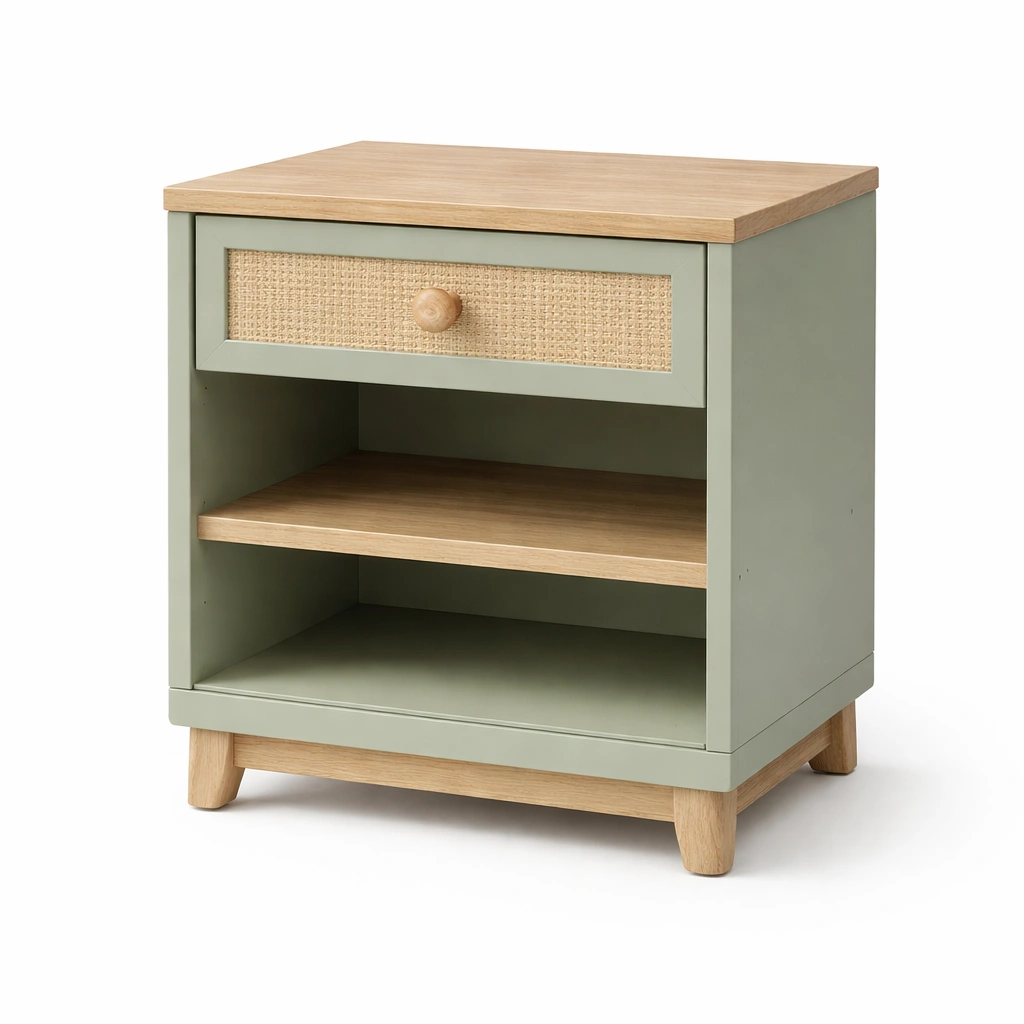 Mesita de noche de madera y ratan verde-Hoomnora