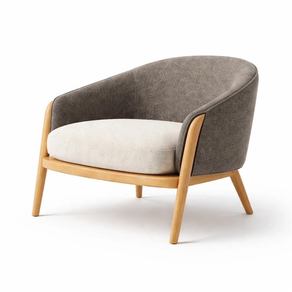 Sillón de madera con tapizado gris y beige-Roomnora