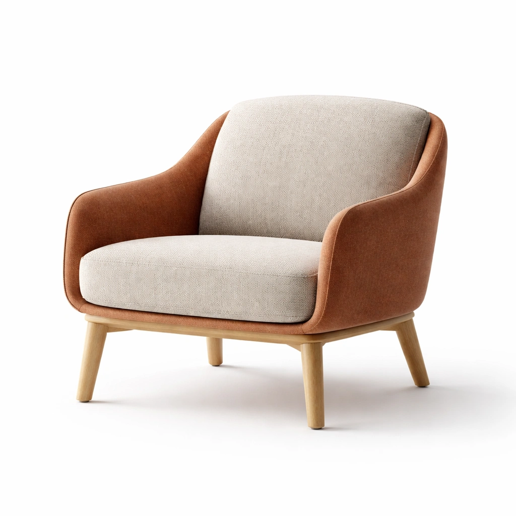 Sillón de tela beige y marron con estructura de madera-Roomnora