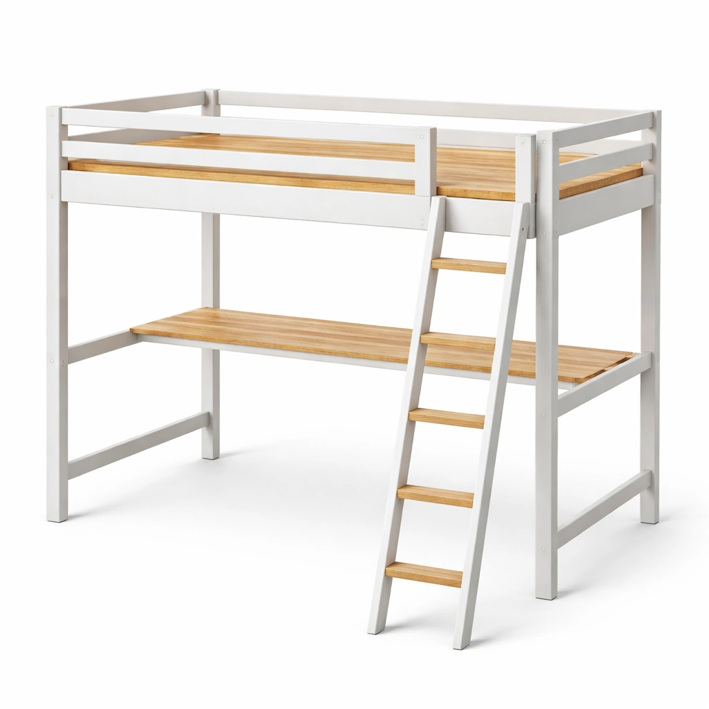 Cama loft Alta de Metal y Madera con Escritorio y Escalera Blanco y Natural-Roomnora