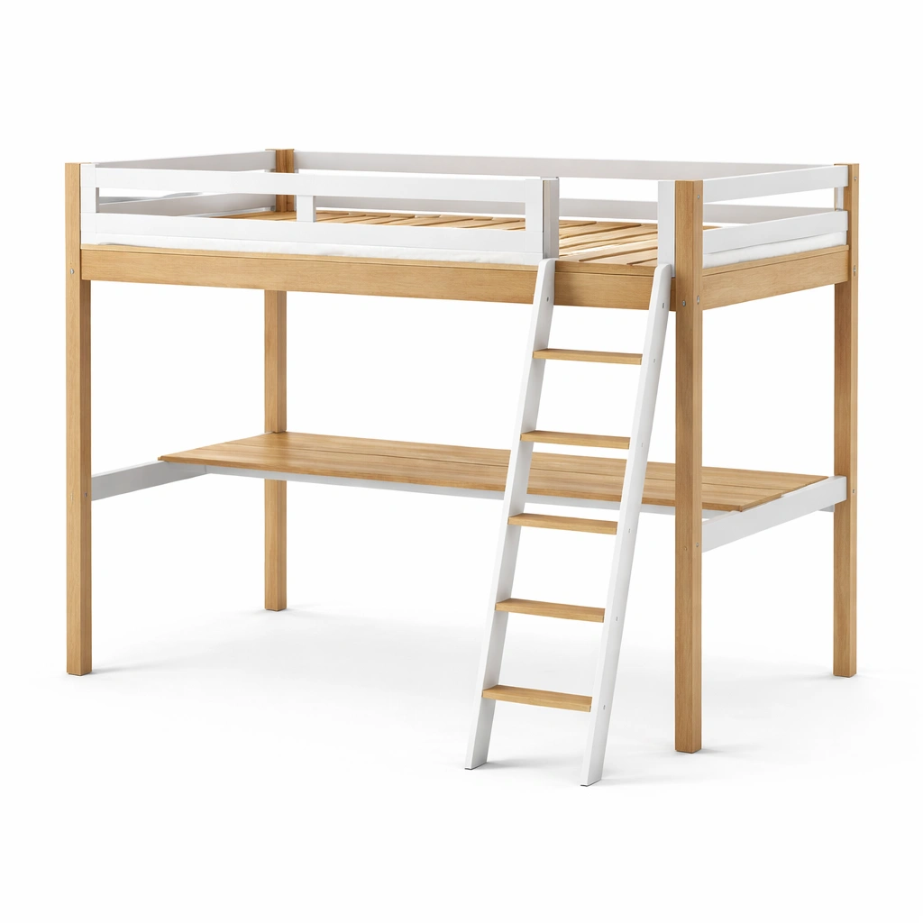 Cama loft Alta de Madera de Pino con Escritorio y Escalera Integrada-Roomnora