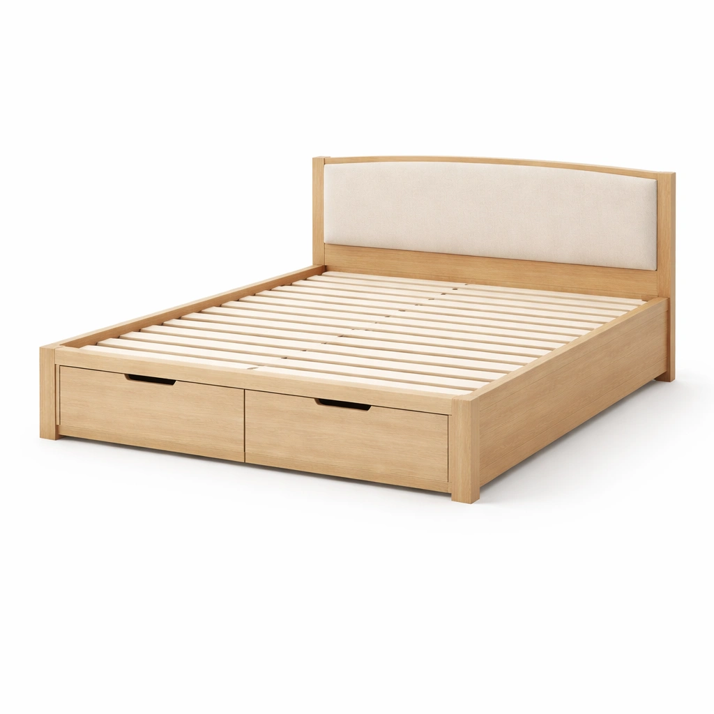 Cama con almacenamiento doble de Madera de Roble con Cabecero de Lino y Cajones-Roomnora