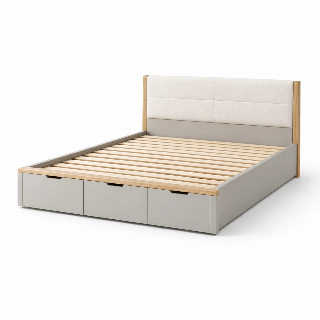 Cama con almacenamiento doble de Madera y MDF con Cabecera Tapizada y Almacenamiento-Roomnora