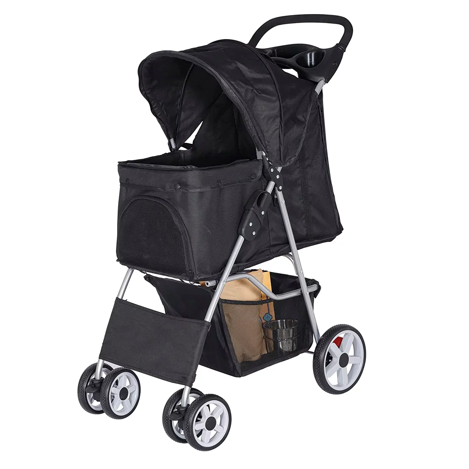 Foldable Pet Stroller,Cat/Dog Stroller with 4 Wheel,Pet Travel Carrier Strolling Cart with Storage Basket,Cup Holder,Black