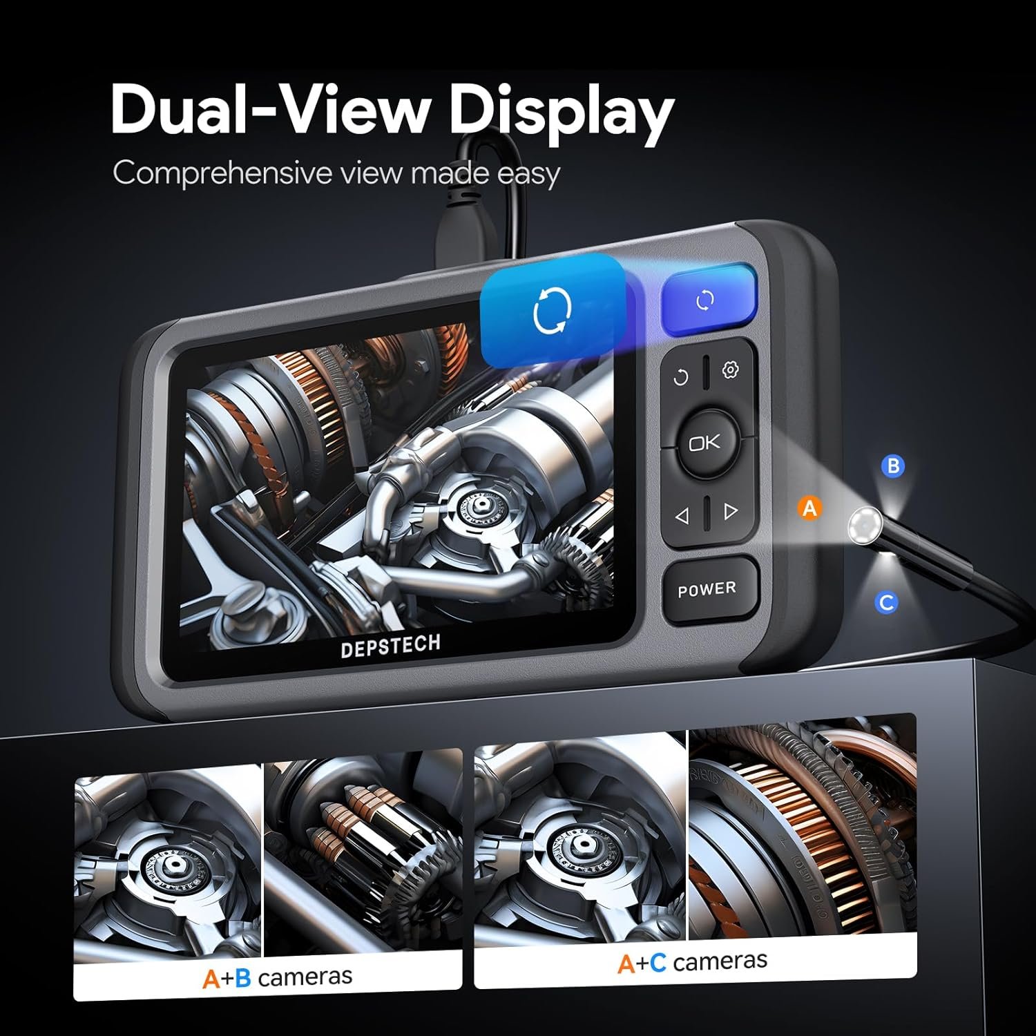 DEPSTECH Triple Lens Endoscope Camera with Light,Audio Record,5'' IPS Display