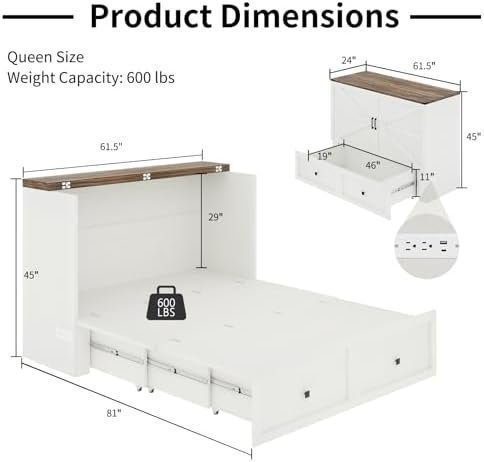 LUXOAK Murphy Bed with Charging Station, Queen Size Cabinet Bed with Large Storage Drawer for Home Office or Small Room