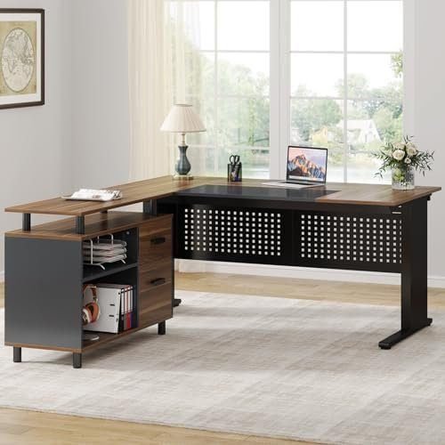Tribesigns 63 Inch Executive Desk with File Cabinet, Large Office Desk L Shaped Computer Desk with Drawers and Storage Shelves