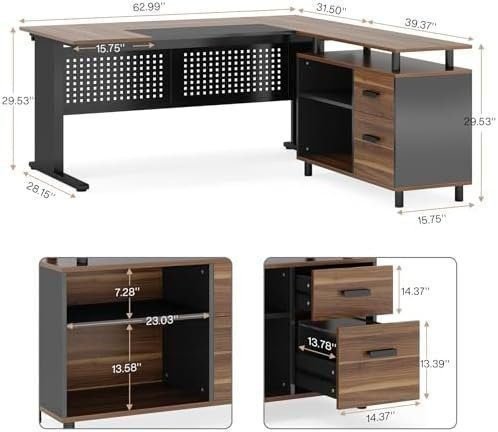 Tribesigns 63 Inch Executive Desk with File Cabinet, Large Office Desk L Shaped Computer Desk with Drawers and Storage Shelves