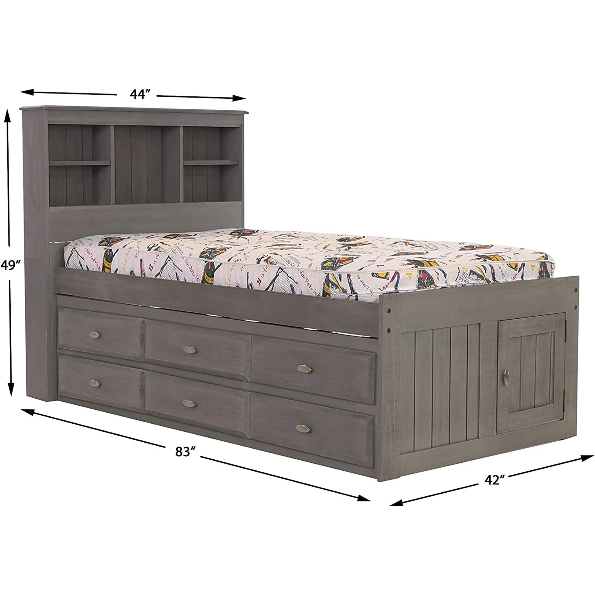 Twin Size Bed Frame with Headboard Bookcase & 6 Drawers