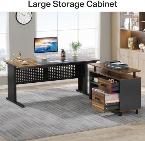 Tribesigns 63 Inch Executive Desk with File Cabinet, Large Office Desk L Shaped Computer Desk with Drawers and Storage Shelves