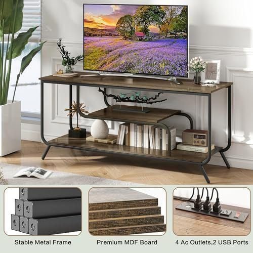 LOPOO Organize Your Media with TV Stand with Power Outlets, LED Lights, &amp; Ample Storage for TVs Up to 55 inches