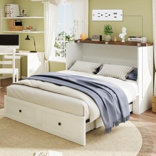 LUXOAK Murphy Bed with Charging Station, Queen Size Cabinet Bed with Large Storage Drawer for Home Office or Small Room