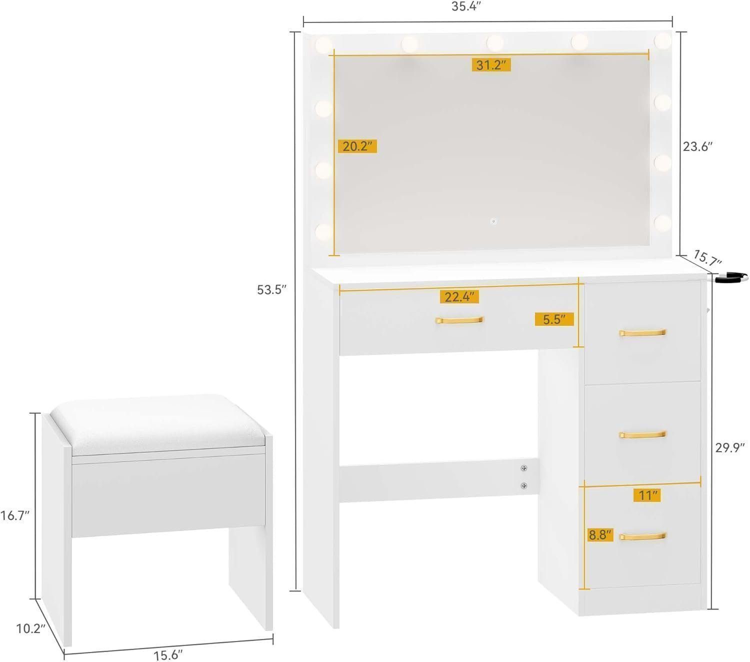 Makeup Vanity with Lighted Mirror, Vanity Desk with Power Strip, Adjustable Lighting, 4 Drawers