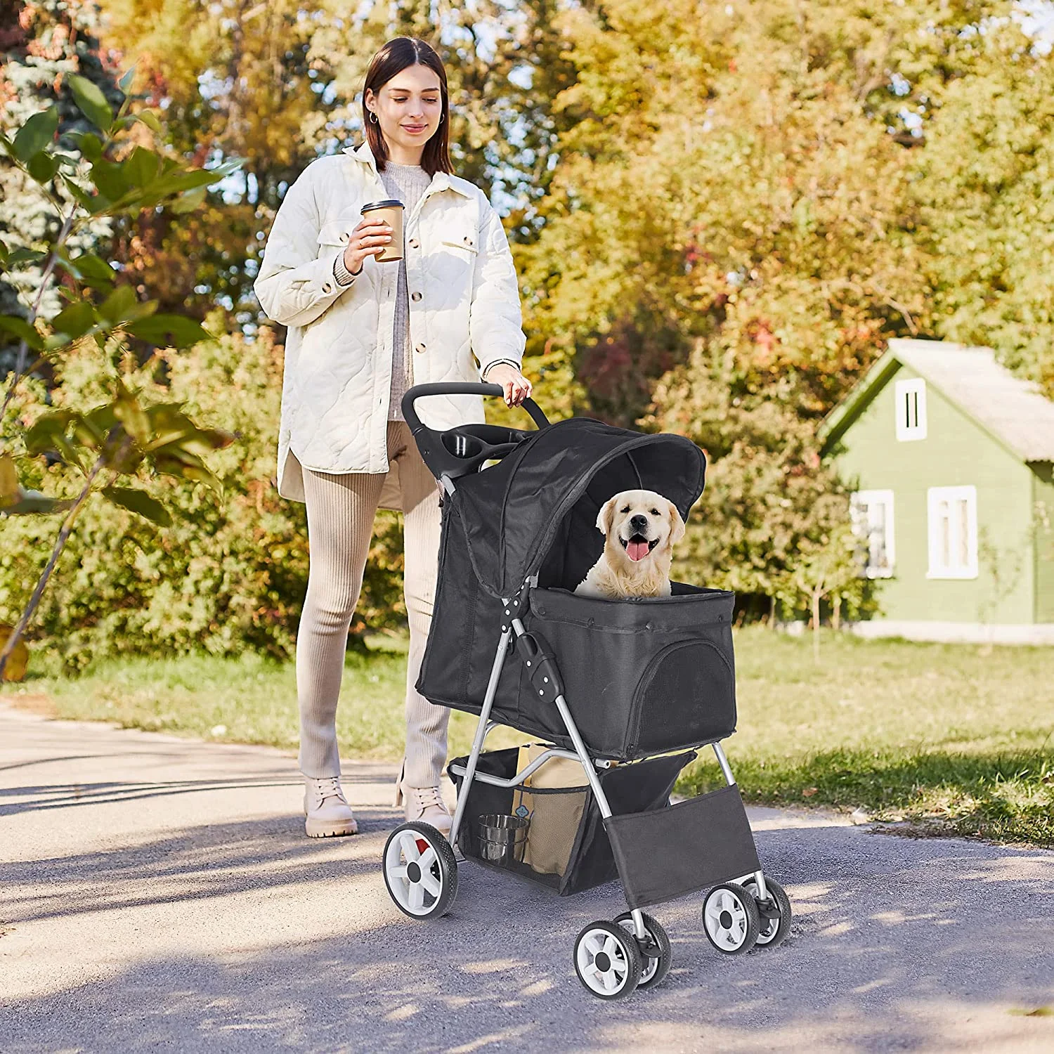 Foldable Pet Stroller,Cat/Dog Stroller with 4 Wheel,Pet Travel Carrier Strolling Cart with Storage Basket,Cup Holder,Black