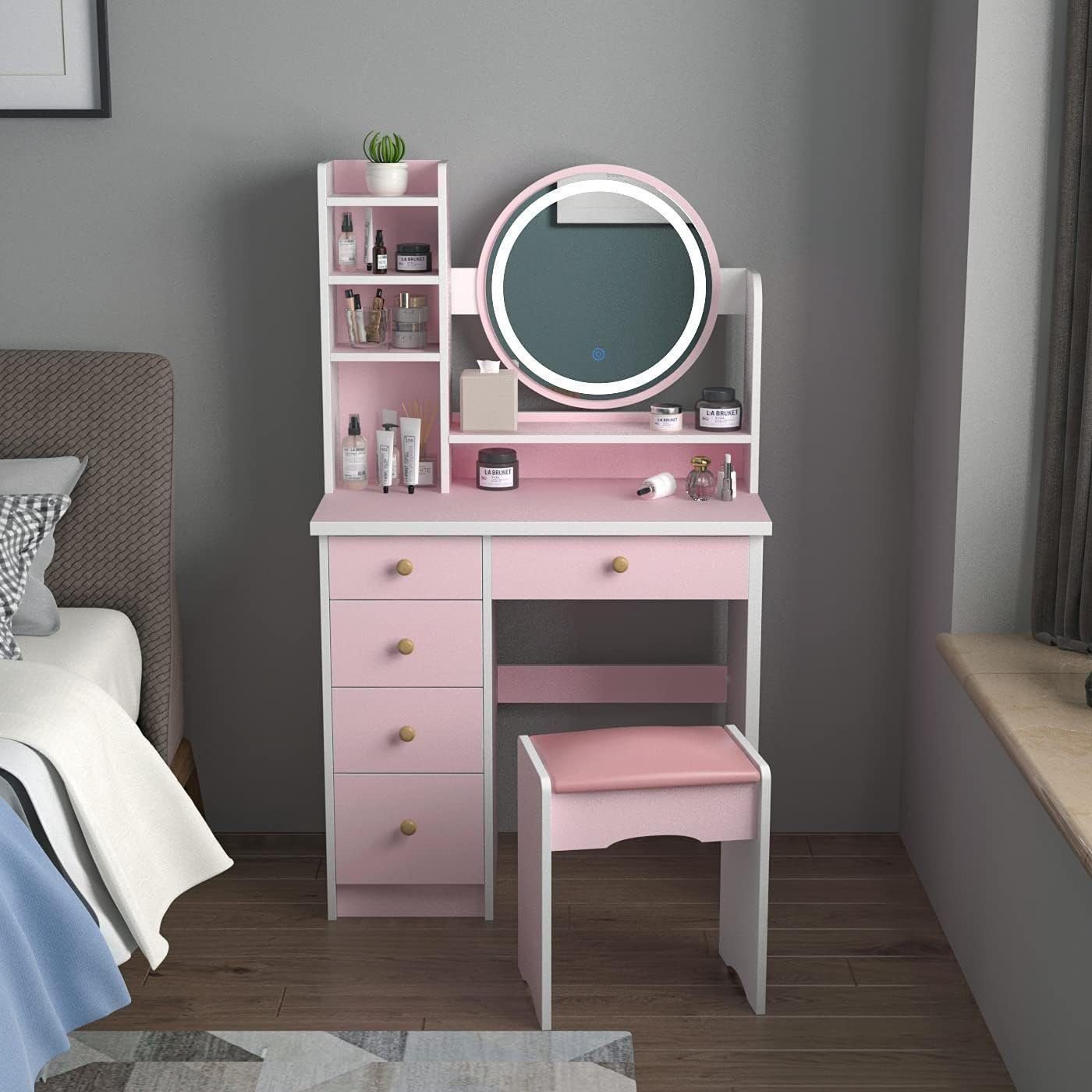 Vanity Set with Rectangular Mirror, Makeup Vanity Dressing Table with 5 Drawers - Pink Lighted Round Mirror