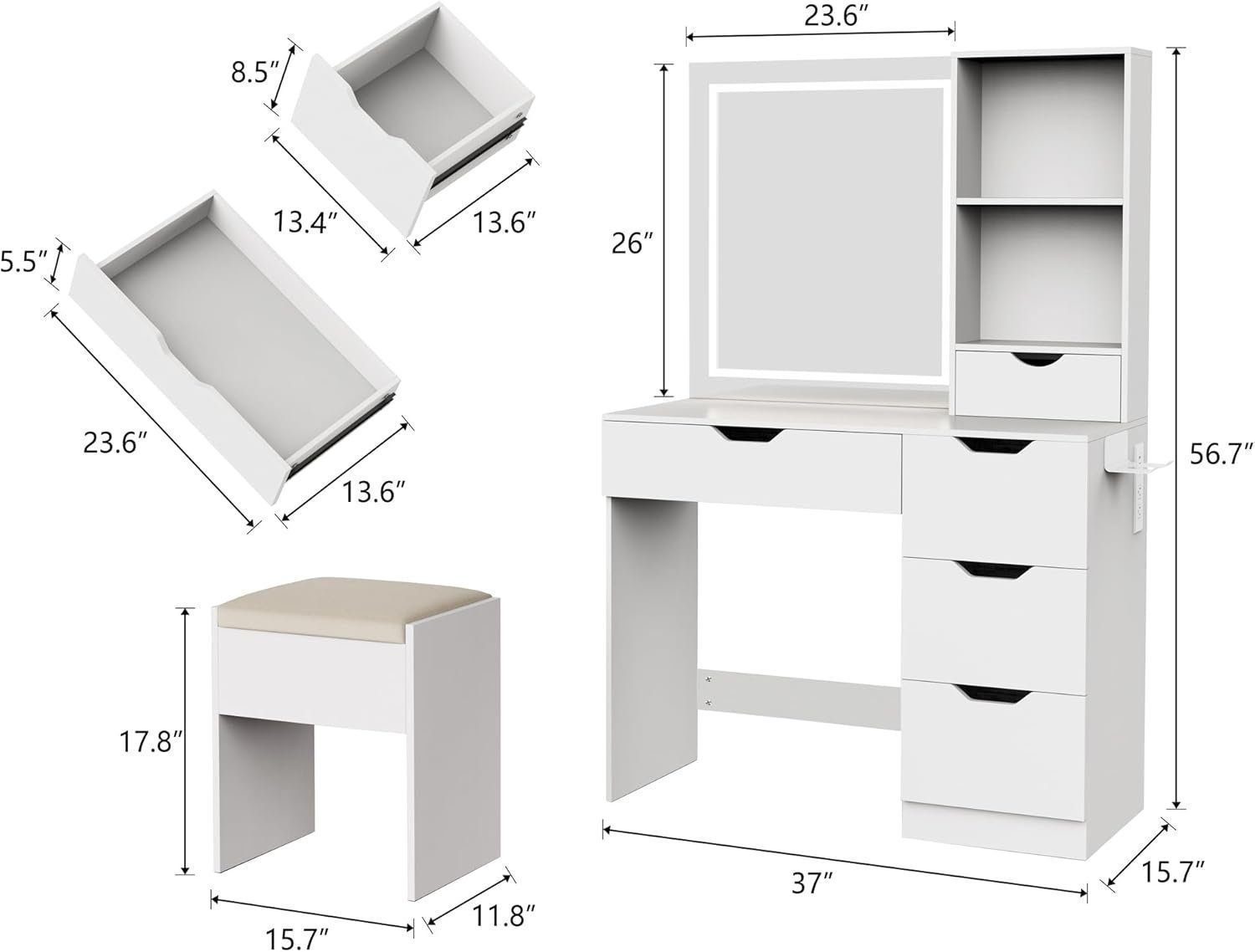Vanity Desk with LED Lights Mirror &amp; Power Outlet, 3 Lighting Colors Vanity Desk with 5 Drawers, Makeup Vanity Set and Cushioned Stool