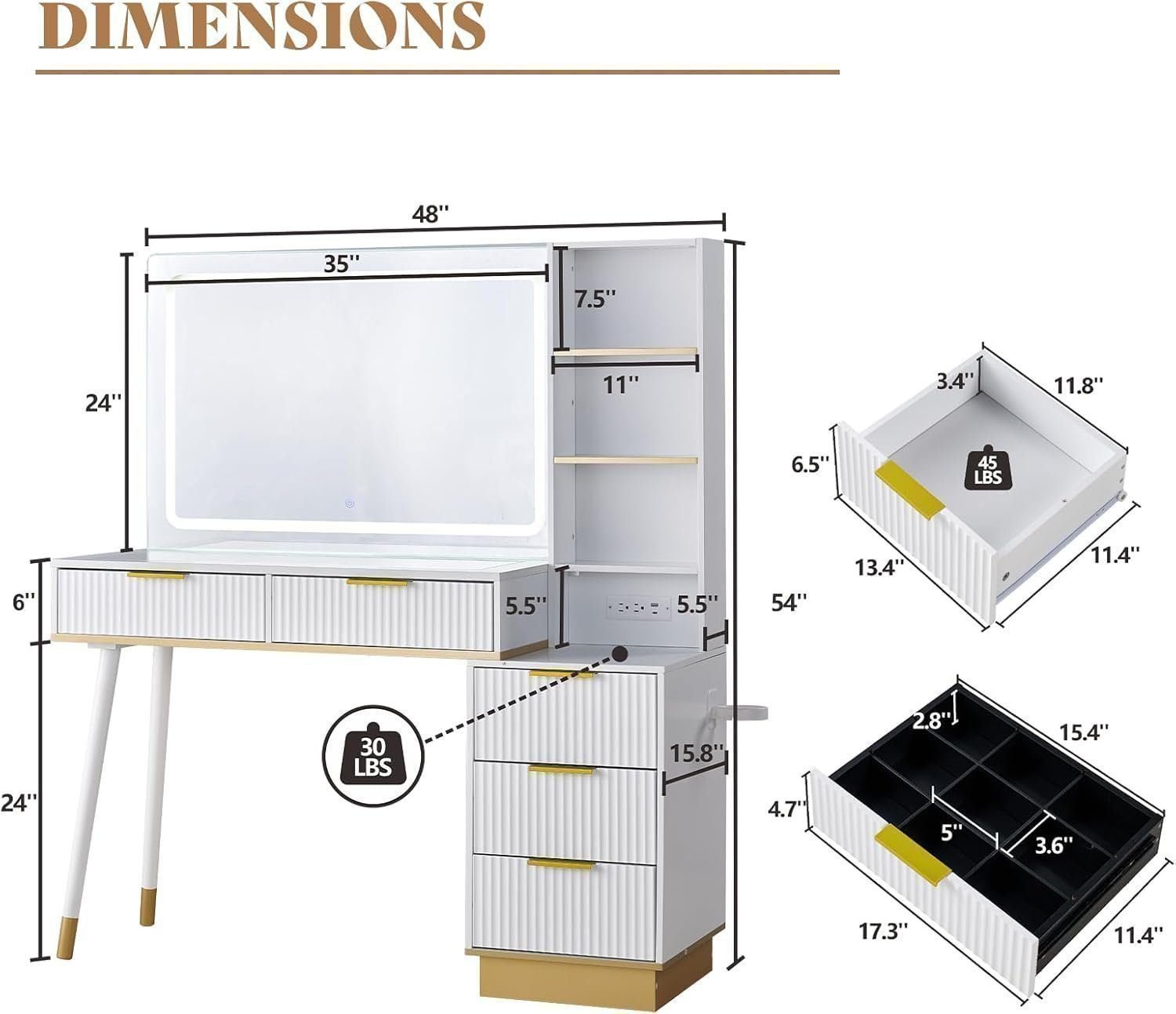 48" Vanity Desk with 35" Large Lighted Mirror, Big Modern Makeup Vanity Table with 5 Drawers