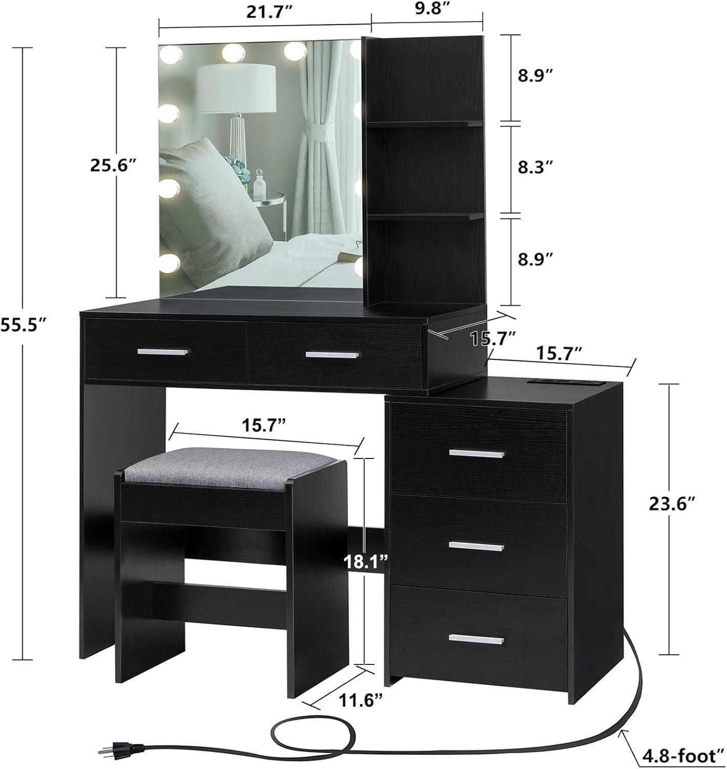 Large Vanity Desk with Mirror &amp; 10 LED Lights, Makeup Vanity Dressing Table with Power Strip