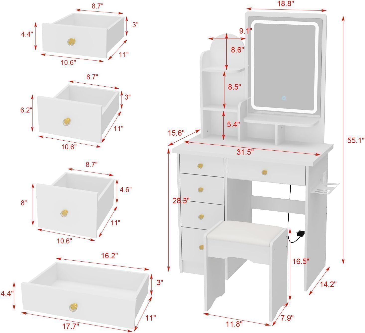 Vanity Set with Rectangular Mirror, Makeup Vanity Dressing Table with 5 Drawers