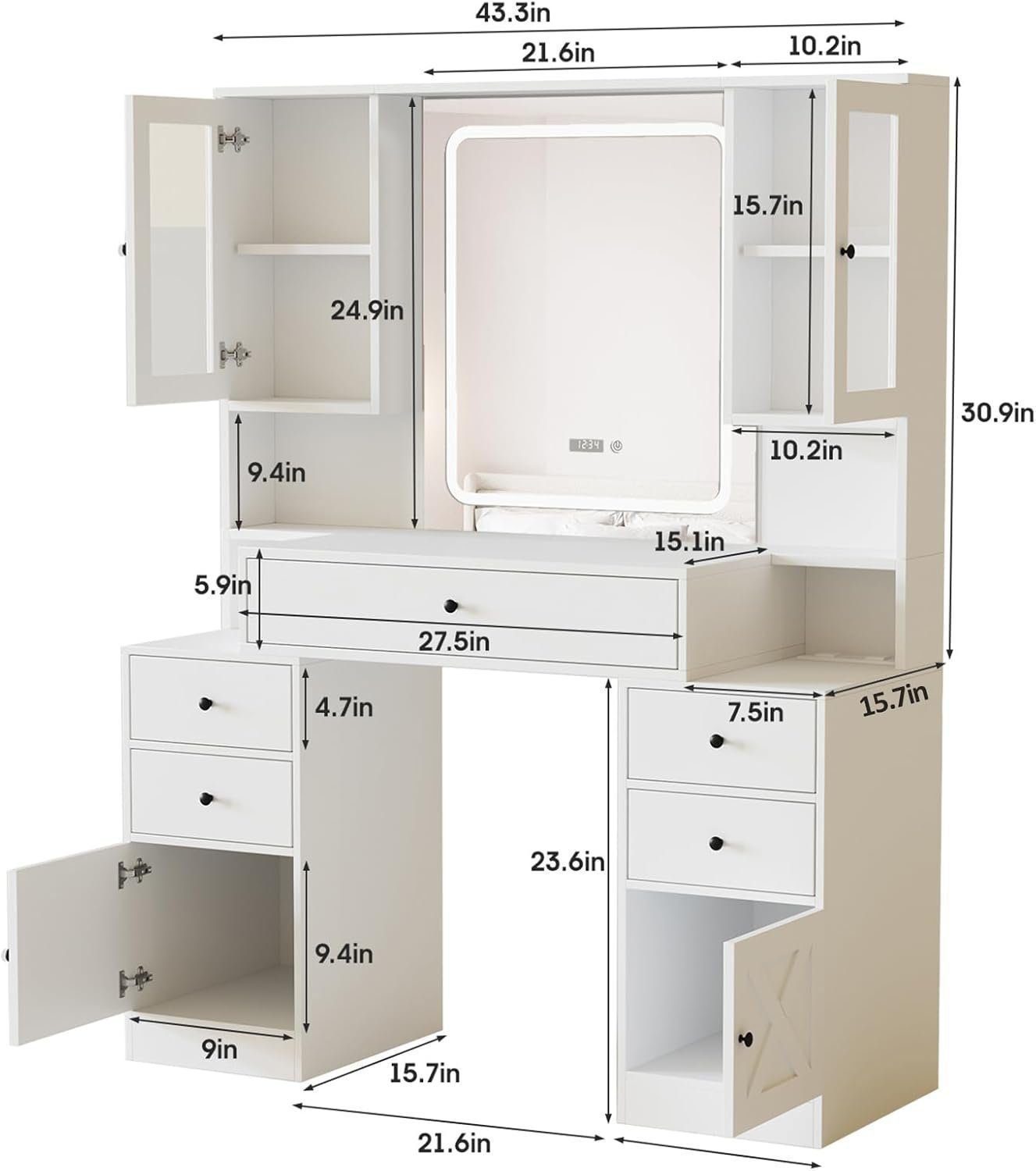 Vanity Desk with Mirror and Lights,White Makeup Vanity Table with Power Strip &amp; LED Lighted Mirror
