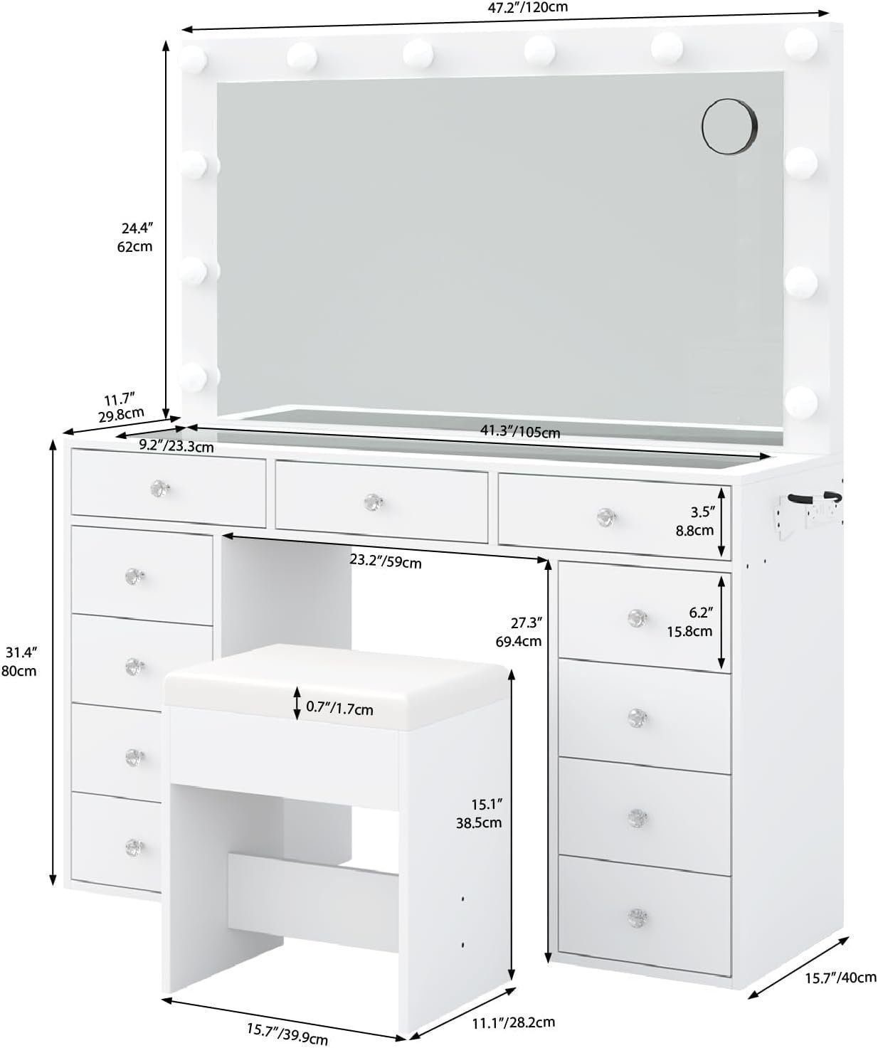 Vanity Desk &amp; Power Outl, Makeup Vanity with Mirror and 12 LED Lights, Makeup Table with 11 Drawers