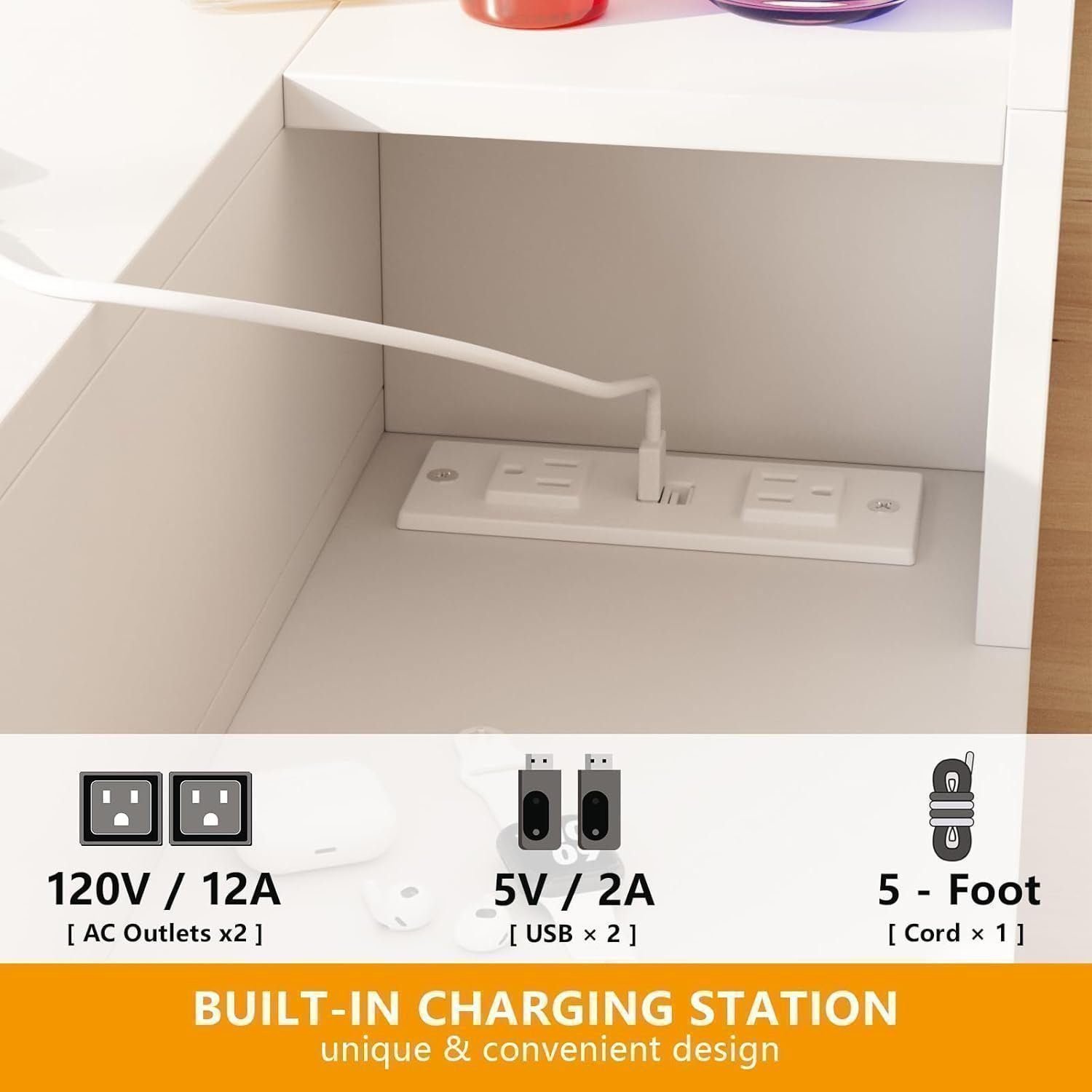 Vanity Desk with Mirror and Lights,White Makeup Vanity Table with Power Strip &amp; LED Lighted Mirror