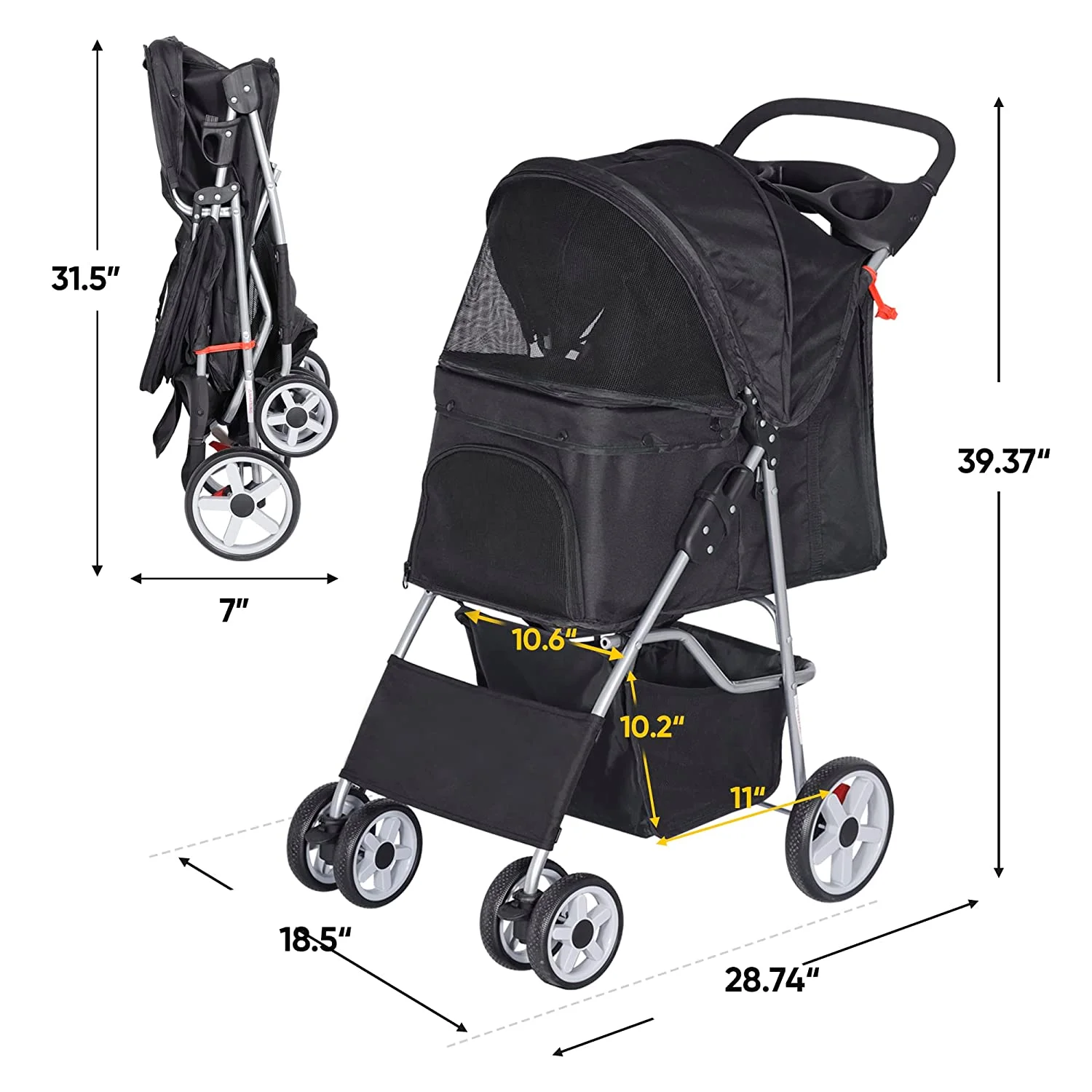 Foldable Pet Stroller,Cat/Dog Stroller with 4 Wheel,Pet Travel Carrier Strolling Cart with Storage Basket,Cup Holder,Black