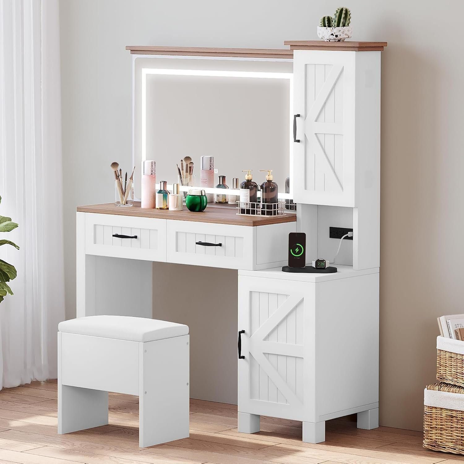 Farmhouse Vanity Desk with LED Lighted Sliding Mirror  Makeup Vanity Table with 4 Drawers Shelves - Crisp White, LED Strip with Side Storage