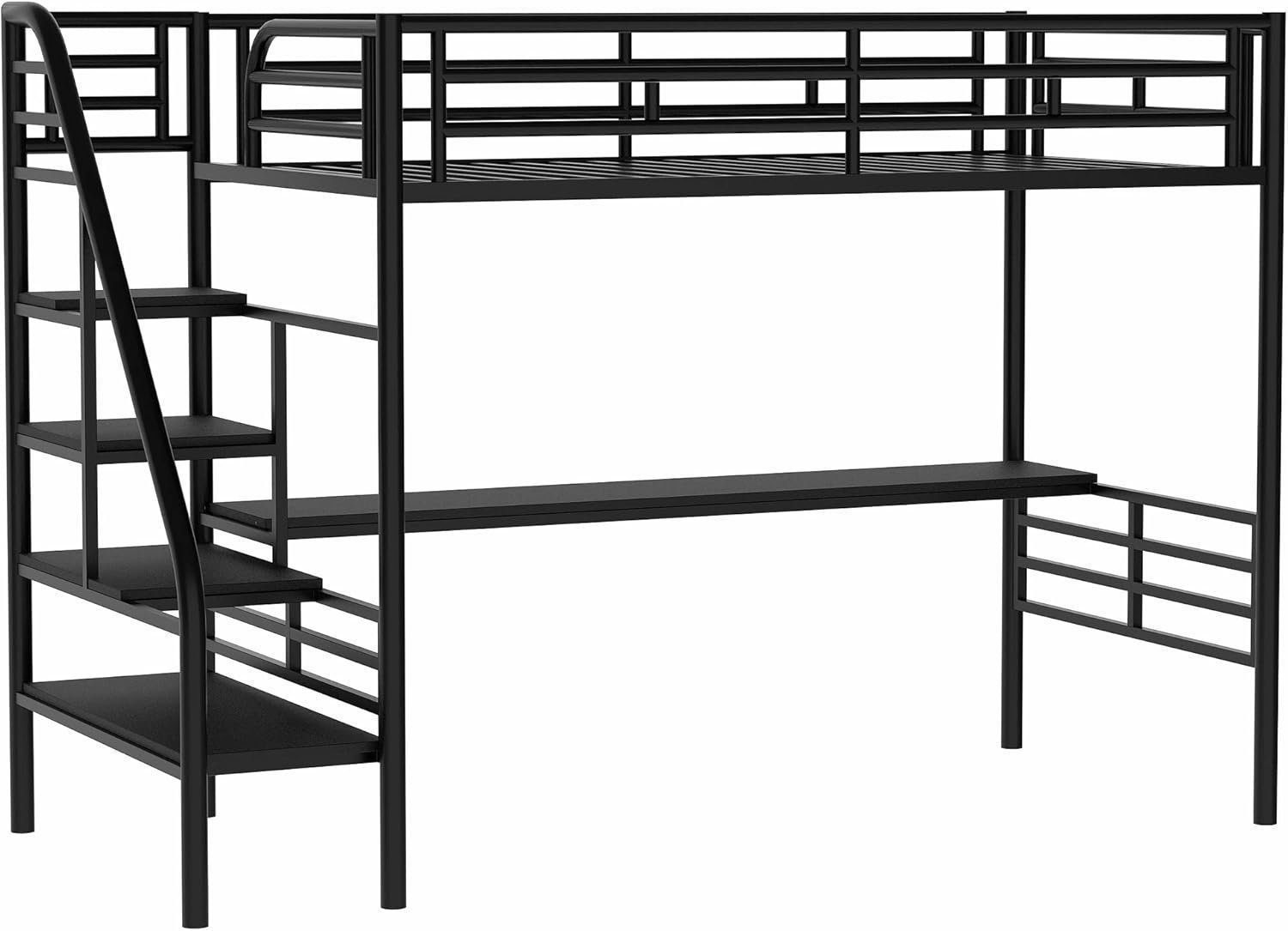 Twin Loft Bed with Desk and Storage Stairs, Heavy Duty Loft Bed with Atairs and Full-Length Guardrail