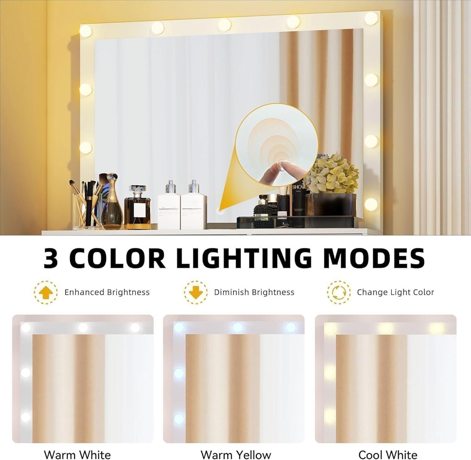 Makeup Vanity with Lighted Mirror, Vanity Desk with Power Strip, Adjustable Lighting, 4 Drawers