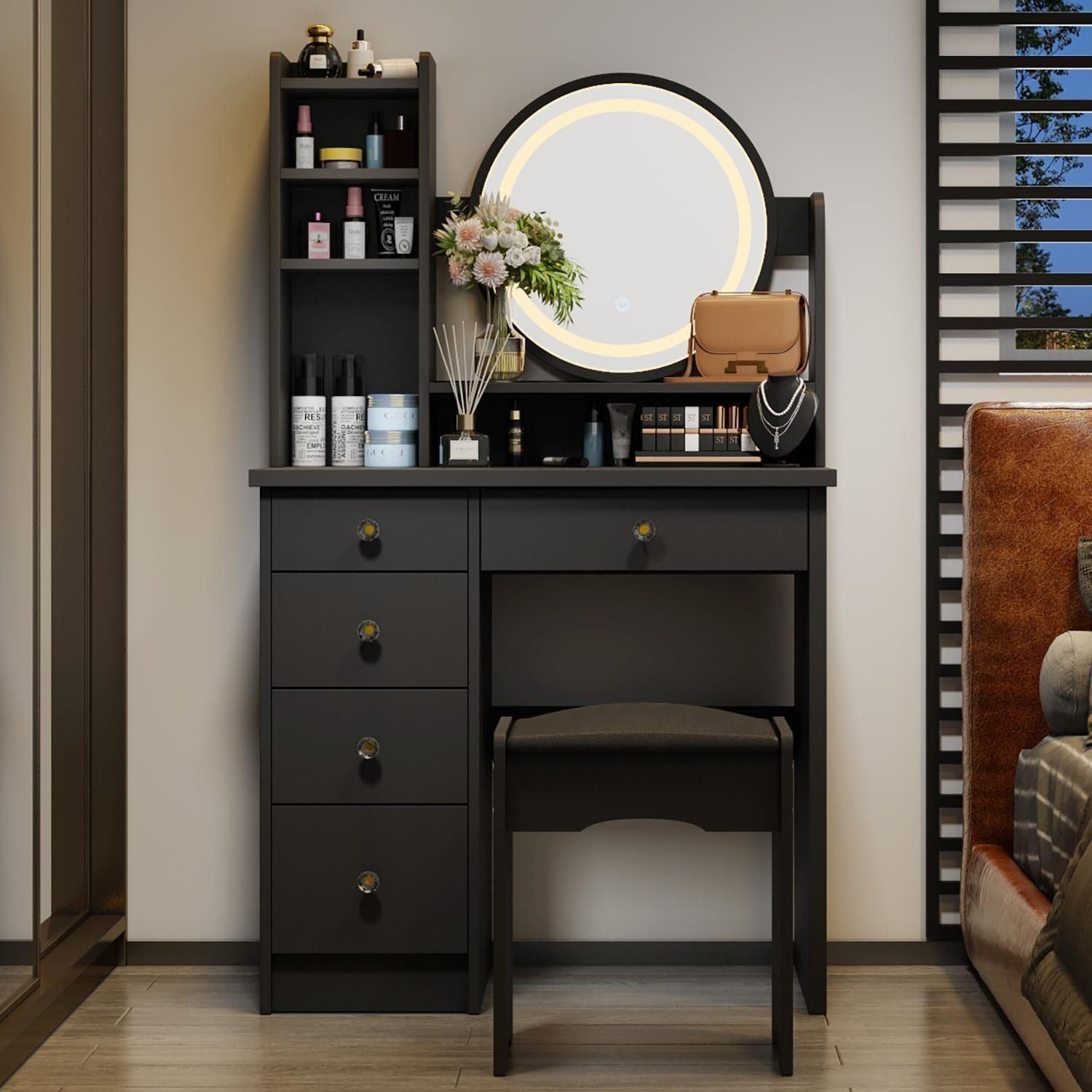 Vanity Set with Rectangular Mirror, Makeup Vanity Dressing Table with 5 Drawers - Black Lighted Round Mirror