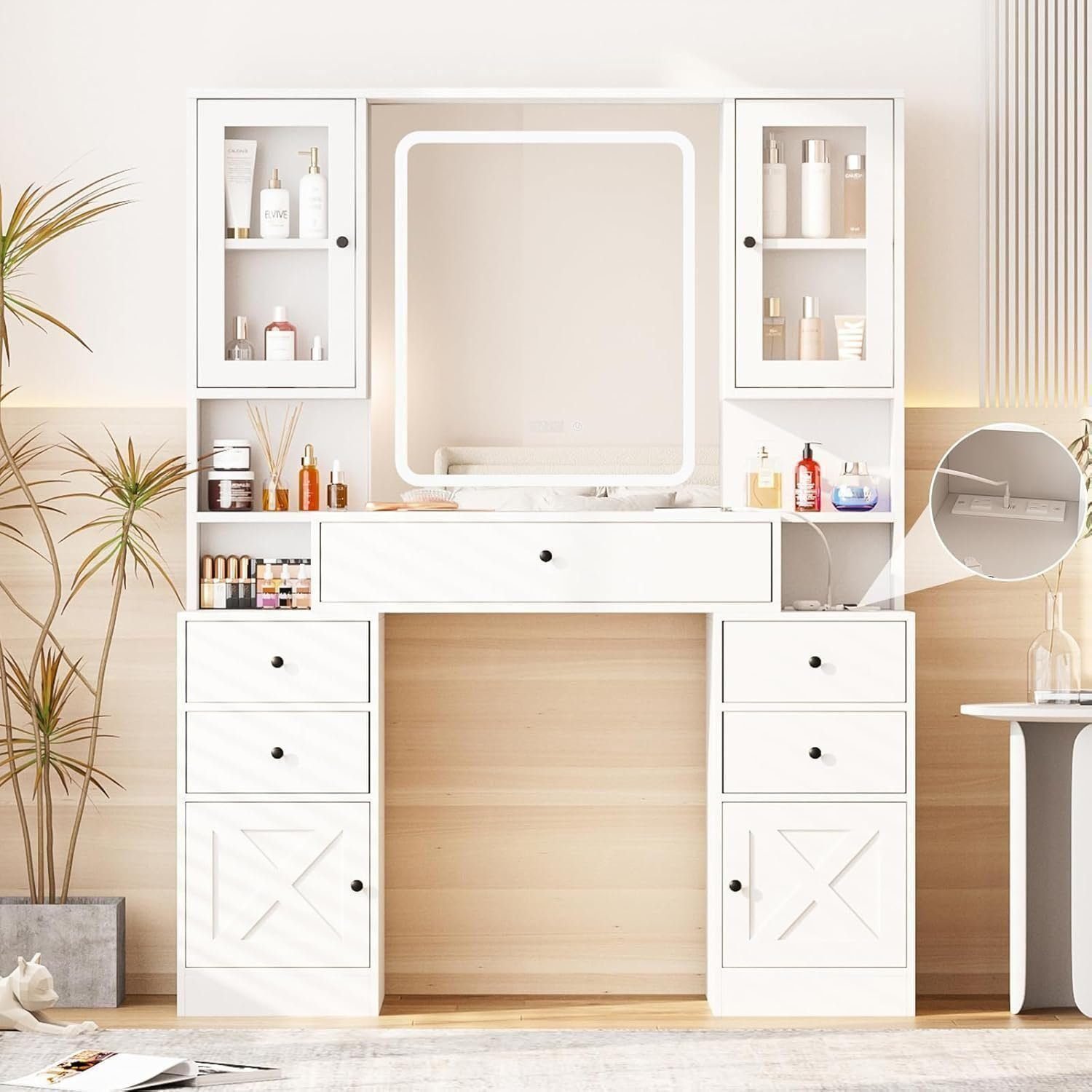 Vanity Desk with Mirror and Lights,White Makeup Vanity Table with Power Strip &amp; LED Lighted Mirror - 43.3x15.7x55.1 Inch, White