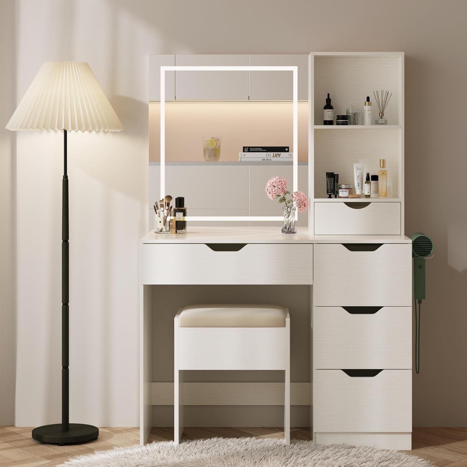 Vanity Desk with LED Lights Mirror &amp; Power Outlet, 3 Lighting Colors Vanity Desk with 5 Drawers, Makeup Vanity Set and Cushioned Stool