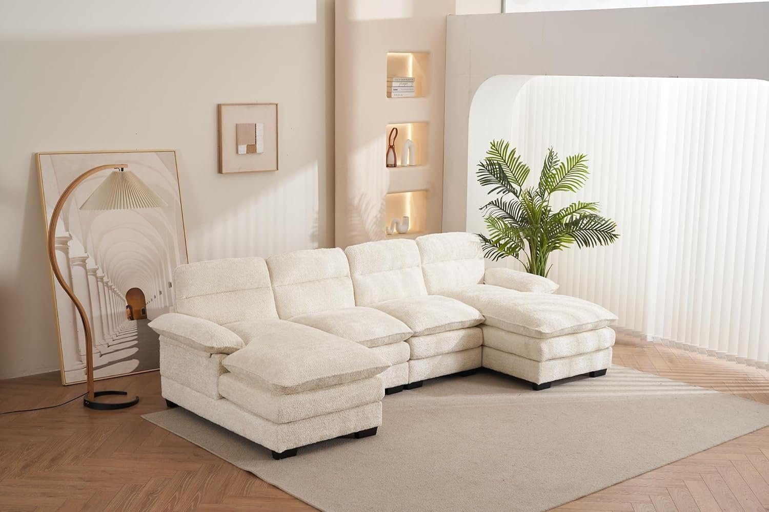 U Shaped Sectional Sofa,Modern Chenille Modular Sofa Sleeper with Double Cushions &amp; Chaise - Beige