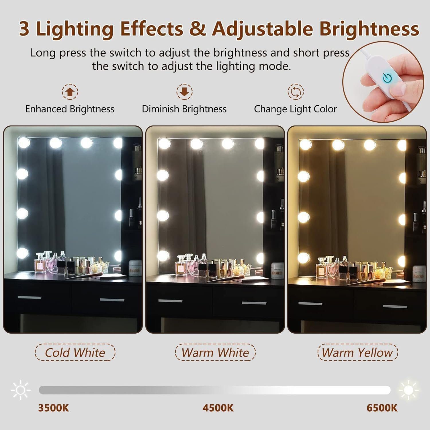 Large Vanity Desk with Mirror &amp; 10 LED Lights, Makeup Vanity Dressing Table with Power Strip