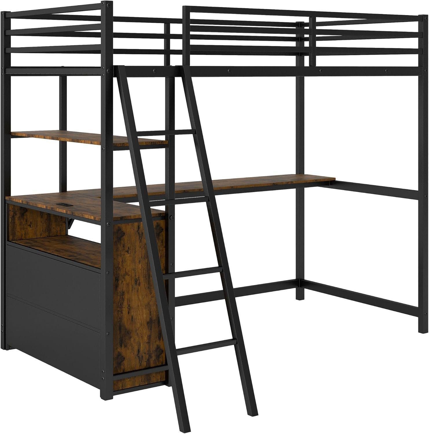 Metal Twin Size Loft Bed with Desk and Storage Drawers,LED Loft Bed Twin with USB Charging Station,Heavy Duty Loft Bed Frame