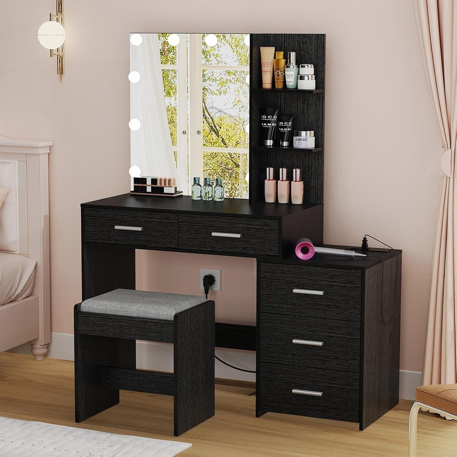 Large Vanity Desk with Mirror &amp; 10 LED Lights, Makeup Vanity Dressing Table with Power Strip