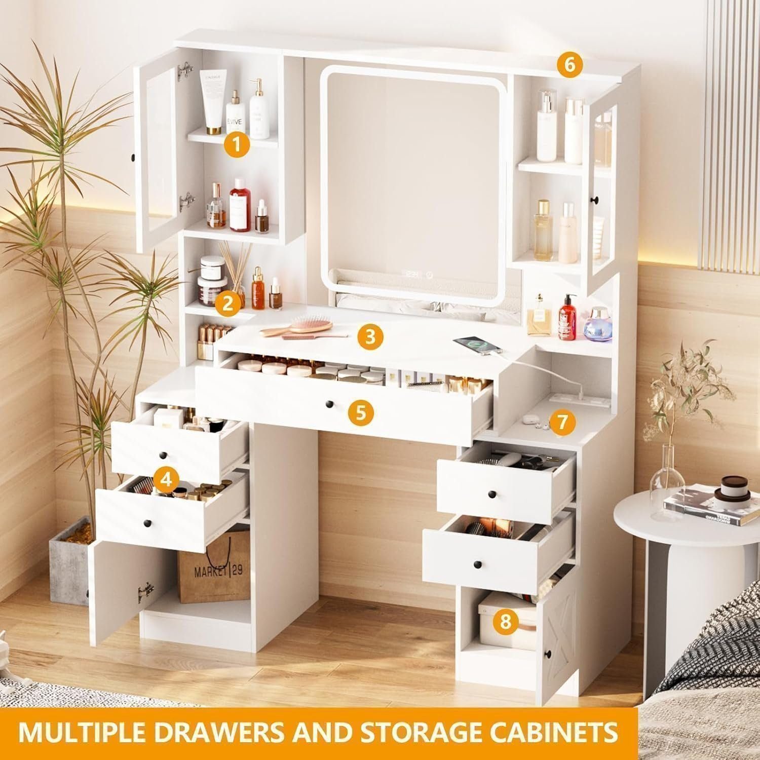 Vanity Desk with Mirror and Lights,White Makeup Vanity Table with Power Strip &amp; LED Lighted Mirror