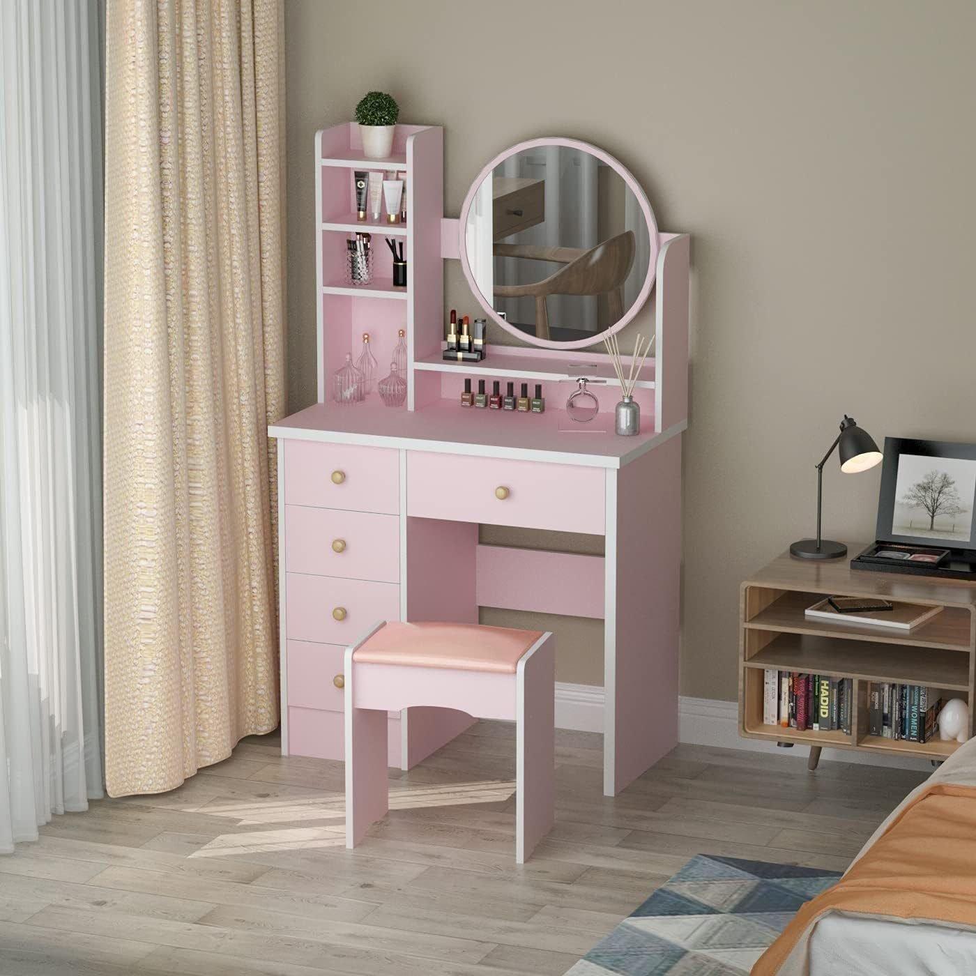 Vanity Set with Rectangular Mirror, Makeup Vanity Dressing Table with 5 Drawers - Pink (No Light) Round Mirror