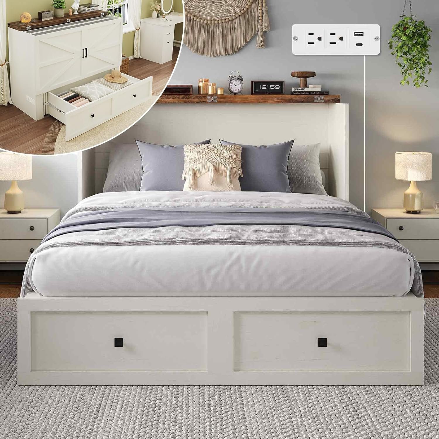 LUXOAK Murphy Bed with Charging Station, Queen Size Cabinet Bed with Large Storage Drawer for Home Office or Small Room - Queen, White+barnwood