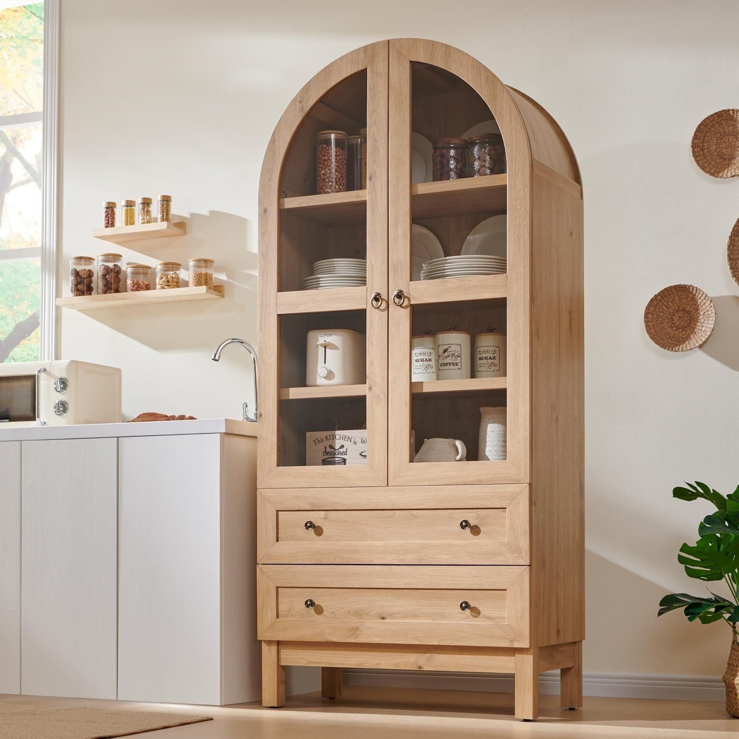 IFGET 71" Tall Arched Kitchen Pantry, Modern Farmhouse Wood Kitchens Storage Cabinets with 2 Large Drawers - Natrual